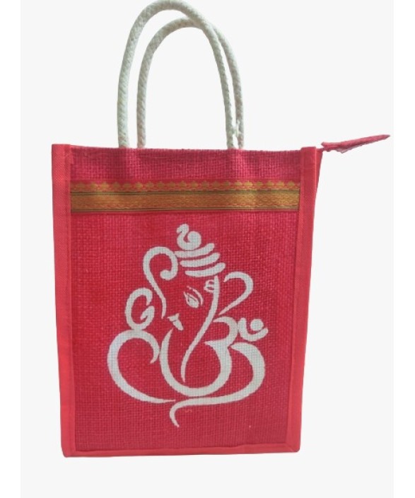 Small Jute Red Pooja Bag/Ganesha Idol Print