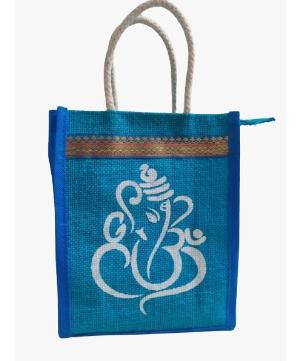 Small Jute Sea Blue Pooja Bag/Ganesha Idol Print
