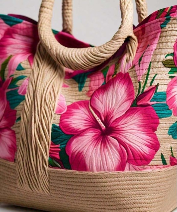 Pink Floral Jute Bag Natural Fiber Stylish Tote