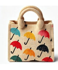 Small Jute Lunch Bag with Vibrant Umbrella Print