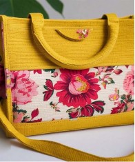 Yellow Jute Purse With Floral Print