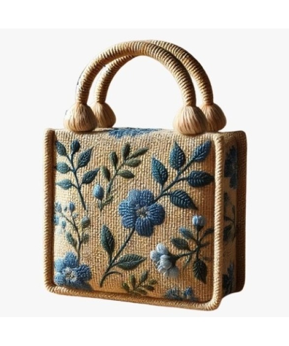 Blue Floral Print Jute Purse