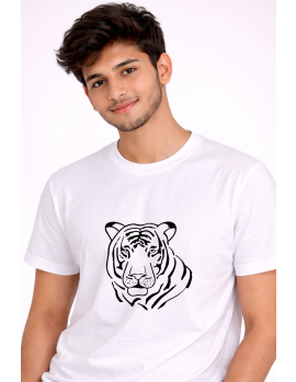 Classic White Tiger Print Round Neck T-Shirt