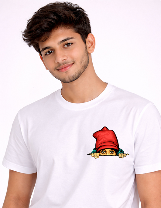 Uniwear Cute Peek-Out Beanie Face Graphic White T-Shirt