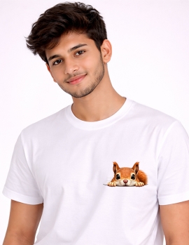 Uniwear Playful Squirrel Peek-Out Pocket Style White Tee