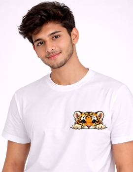 Playful Tiger Peek-Out Pocket Style White Tee