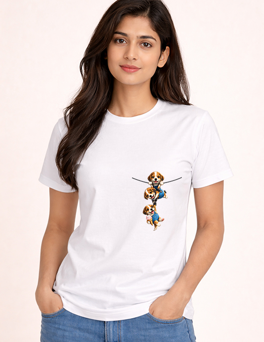Uniwear Cute Puppies Pocket Climb Graphic White T-Shirt