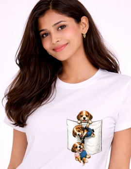 Uniwear Cute Puppies Climbing Pocket Graphic White T-Shirt
