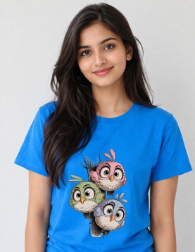 Uniwear Cute Cartoon Birds Graphic Round Neck T-Shirt
