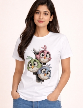 Uniwear Cute Cartoon Birds Graphic Round Neck T-Shirt
