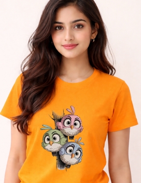 Uniwear Cute Cartoon Birds Graphic Round Neck T-Shirt