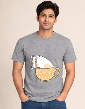 Uniwear Cute Cat in Teacup Graphic Round Neck T-Shirt