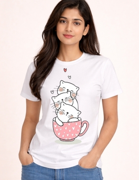 Cute Sleeping Kittens in Teacup Graphic Print T-Shirt
