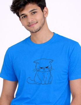 Angry Cat Cartoon Graphic Round Neck T-Shirt