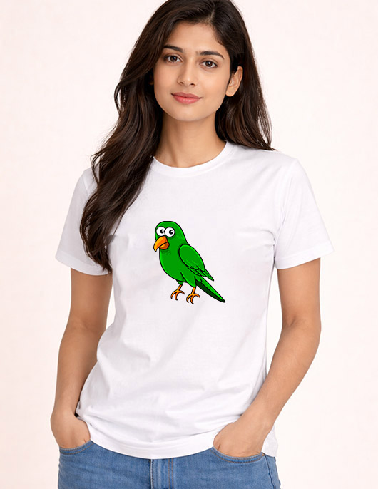Cute Green Parrot Cartoon Cotton T-Shirt