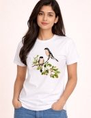 Vintage Birds on Blossom Branch Printed Casual Cotton T-Shirt