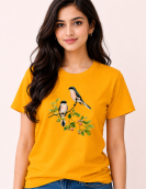 Vintage Birds on Blossom Branch Printed Casual Cotton T-Shirt