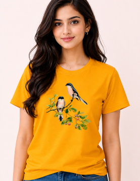 Vintage Birds on Blossom Branch Printed Casual Cotton T-Shirt