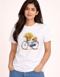 Sunny Blossom Bicycle Graphic Premium Cotton Casual Tee