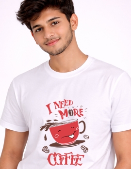 I Need More Coffee Funny Cartoon Print White Cotton T-Shirt