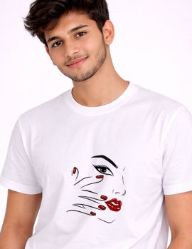 Aesthetic Girl Face Minimal Design White Cotton Graphic T-Shirt