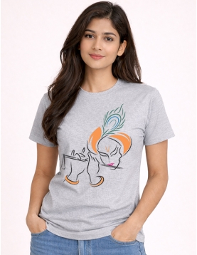 Minimal Krishna Flute Line Art Graphic Cotton T-Shirt
