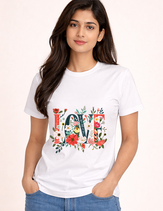 Uniwear Cute Flower LOVE Print Cotton T-Shirt
