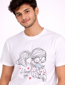 Cute Couple Scooter Love Print Cotton T-Shirt