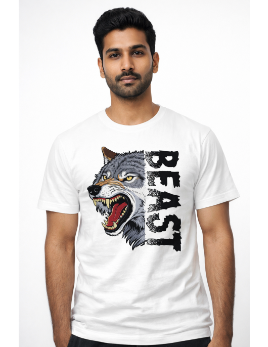 Savage Wolf “BEAST” Print Cotton T-Shirt